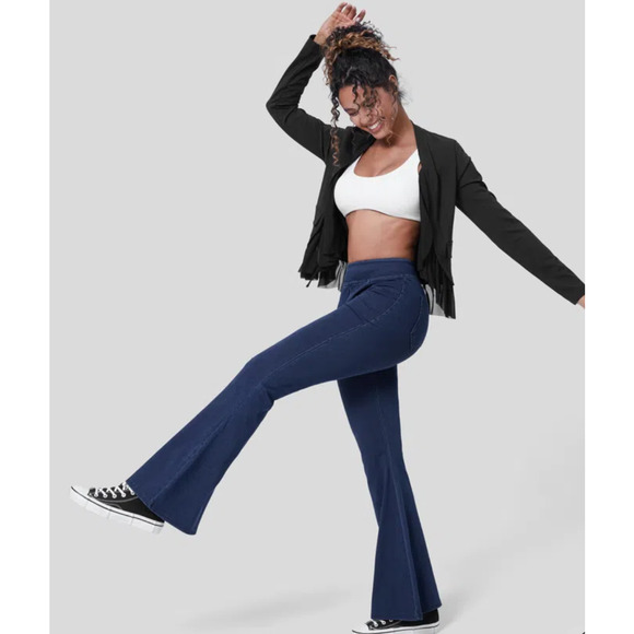 HalaraMagic High Waisted Black Side Pocket Stretchy Knit Work Flare Jeans - Picture 3 of 7